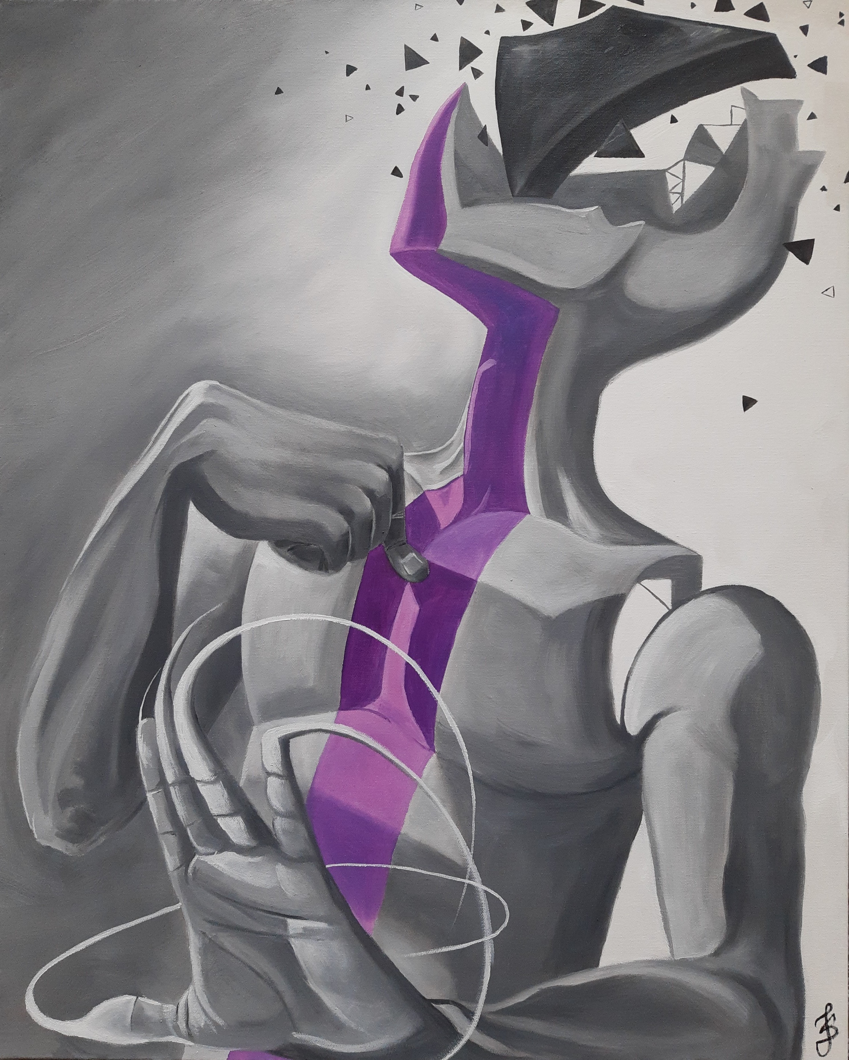 Painting depicting a humanoid figure from the waist up colored purple, grey, and black