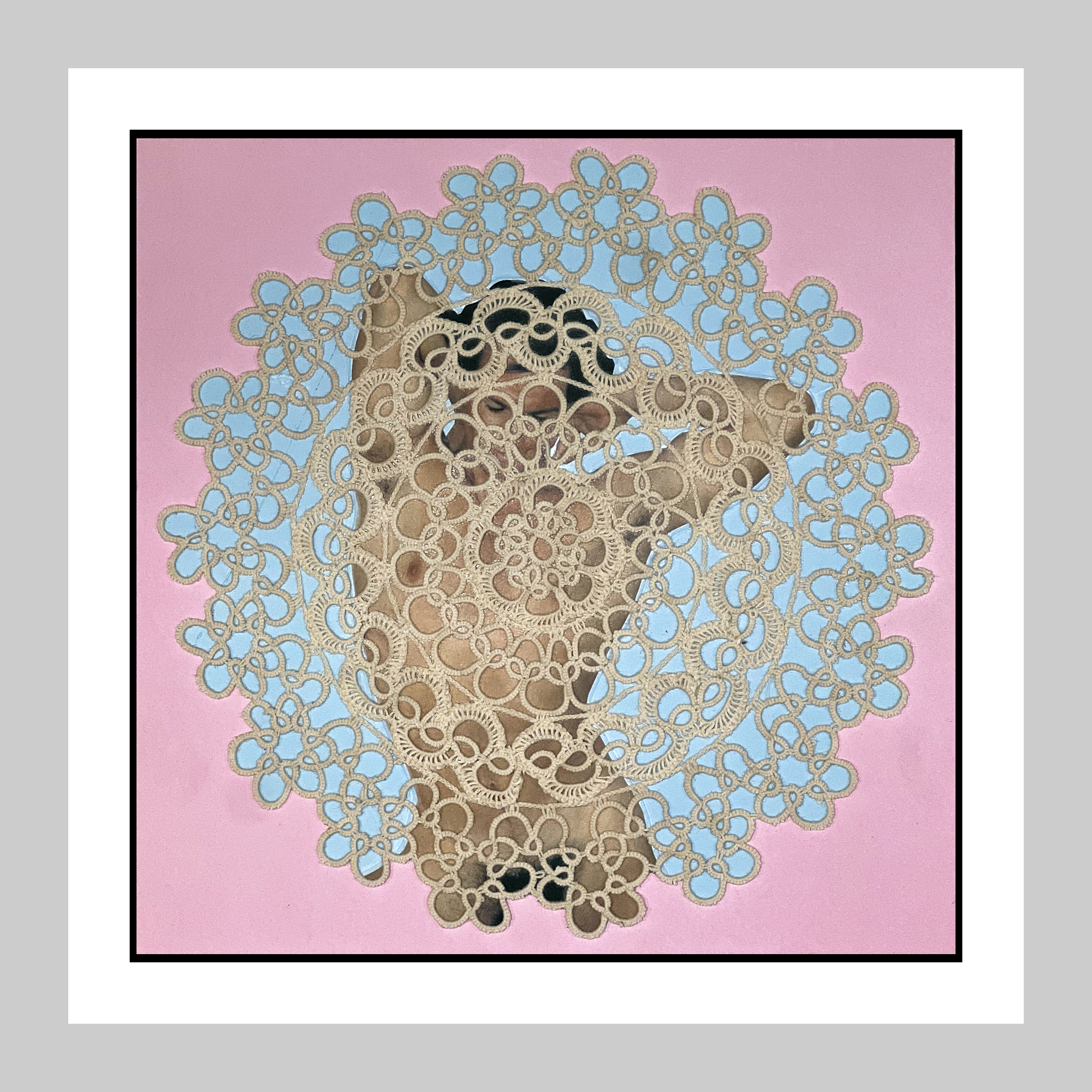 Figure depicted nude from the waist up on a pink and blue background largely obscured by a circular beige pattern. His eyes are closed and his hands are positioned behind his head.