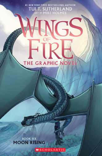 Book Jacket for "Wing of Fire the Graphic Novel" dragon flying with mountains in background
