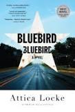 a photo of an open road boardered by trees and approaching a blue sky with a white sherrif's badge in the center reading Blue Bird Bluebird: a novel in black text