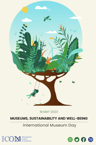 Poster for International Museum Day 2023. The theme is Museums, Sustainability and Wellbeing. An illustration of a nature scene is held up by the branches of a tree, and a girl sits on swing on the branches. 