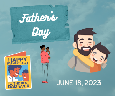 Father's Day on June 18, 2023 with illustrations of fathers holding their children and a father's day card.