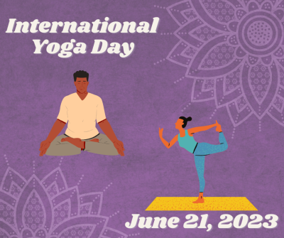 International Yoga Day on June 21, 2023. A man is sitting in a lotus meditation position and a woman is standing on one leg on a yoga mat.