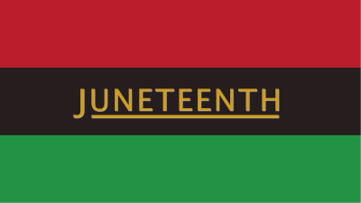Juneteenth in yellow text with stripes of red, black and green in the background.