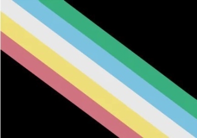 Disability Pride Flag: a black background with five stripes diagonally. From left to right: a red stripe, a yellow stripe, a white stripe, a blue stripe, and a green stripe.
