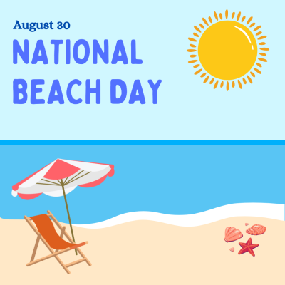August 30th National Beach Day. A graphic of a sunny day at the beach with seashells on the shore and a lounge chair. 