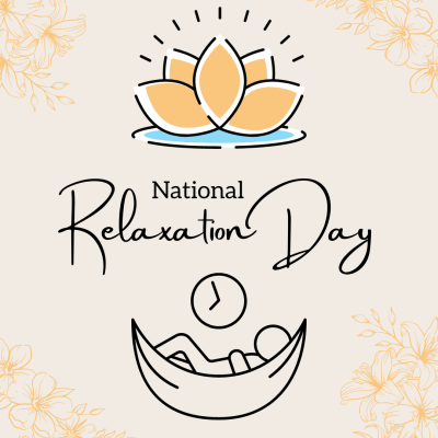 National Relaxation Day. A graphic of a lotus flower and a person relaxing in a hammock.