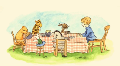 Cartoon shows Christopher Robin sharing a cheerful picnic on a gingham blanket with Winnie-the-Pooh, Tigger, Rabbit, Piglet, and Eeyore. 