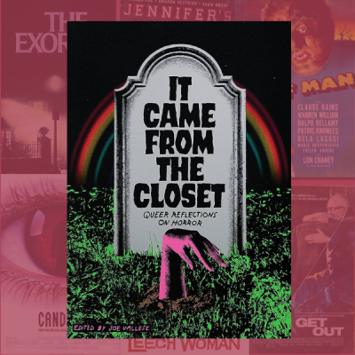 An image of the cover for It Came From the Closet. It rests on a pink transparent background with horror movie posters beneath.
