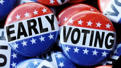 Photograph of campaign buttons reading "Early" and "Voting"