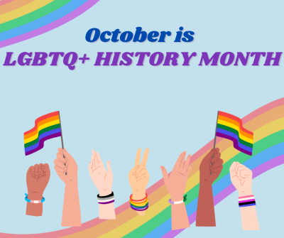 October is LGBTQ+ History Month. A graphic of hands wearing pride bracelets and waving pride flags.