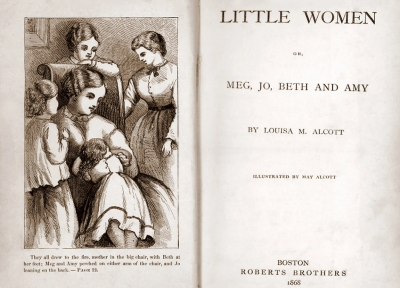 Title Page of an old edition of Little Women, with an illustrated page of the four March girls and their mother on the left