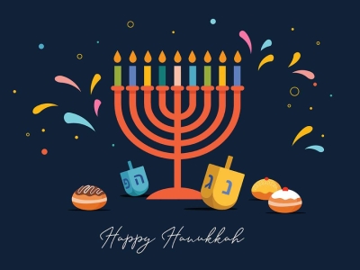 A menorah, surrounded by pastries and dreidels, with fireworks in the background. Below, words read "Happy Hanukkah."