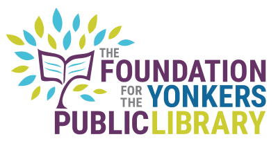 "The Foundation For The Yonkers Public Library" logo of a tree growing on a book