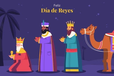 The image depicts the three kings dressed in traditional garb against a purple background. They are standing in a row with a camel behind them. The first is kneeling, and the other two are standing. All three hold their gifts.
