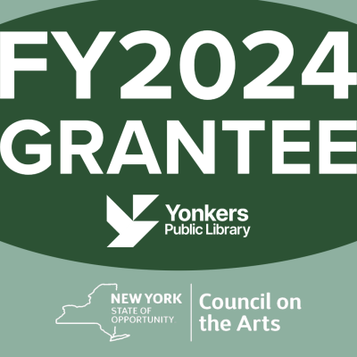 "FY 2024 Grantee" Yonkers Public Library logo, New York Council on the Arts logo