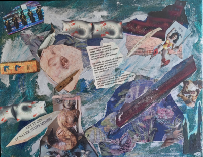 "Oatmeal on the Hudson" collage of blue papers by Golda Solomon