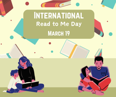 International Read to Me Day is on March 19. Illustrations of parents reading to their children.