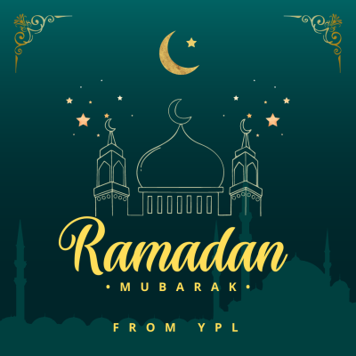 A green background with an outline of a building and text that says Ramadan Mubarak from YPL.