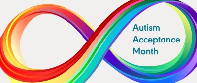 A rainbow-colored infinity symbol on a beige background. Inside the right loop of the symbol are the words "Autism Acceptance Month."
