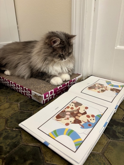 A cat is sitting on top of a cardboard scratch box and looking down at an open picture book. It appears like the cat is reading the book.