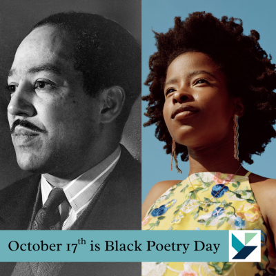 A photo of Langston Hughes and a photo of Amanda Gorman. On the bottom of the two photos is a blue bar with the capttion "October 17 is Black Poetry Day" and the YPL logo.