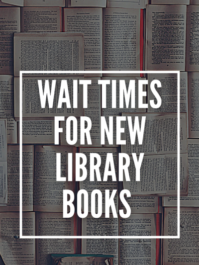 white text: "Wait times for new library books" with book pages in background