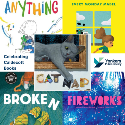 A collage of picture books and the text "Celebrating Caldecott Books" with the Yonkers Public Library logo.