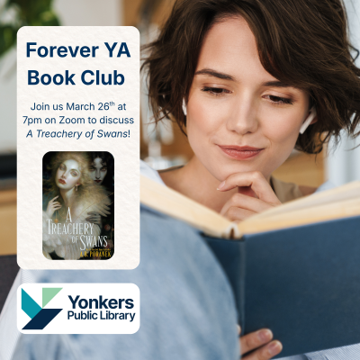 A young woman reading a book. Forever YA Book club and the book cover for A Treachery of Swans.