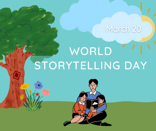 March 20 is World Storytelling Day. A parent is reading to two children outside. 