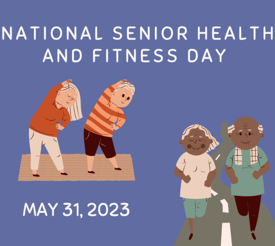 National Senior Health and Fitness Day, May 31 2023. Two older adults are doing stretching exercises, and another pair of older adults are jogging on a road.