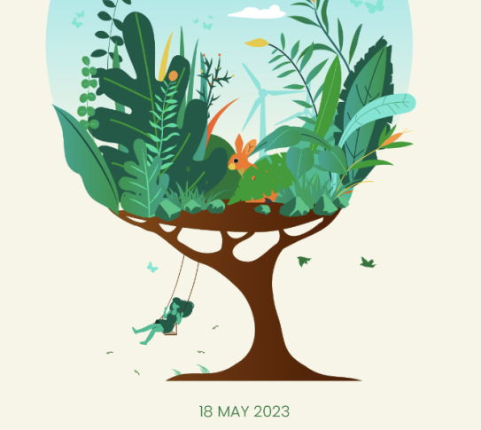 Poster for International Museum Day 2023. The theme is Museums, Sustainability and Wellbeing. An illustration of a nature scene is held up by the branches of a tree, and a girl sits on swing on the branches. 