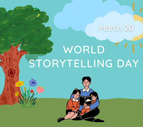 March 20 is World Storytelling Day. A parent is reading to two children outside. 