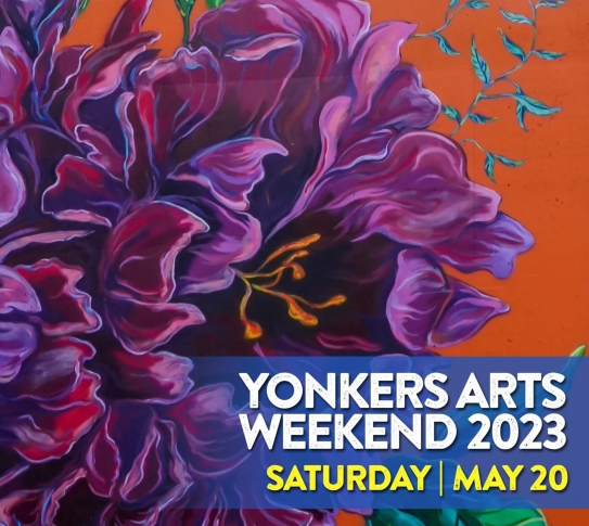 "Yonkers Arts Weekend 2023 | Saturday May 20" purple flower with orange background