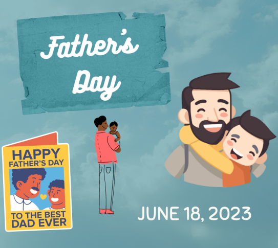 Father's Day on June 18, 2023 with illustrations of fathers holding their children and a father's day card.