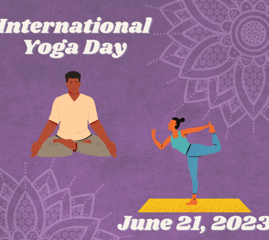 International Yoga Day on June 21, 2023. A man is sitting in a lotus meditation position and a woman is standing on one leg on a yoga mat.