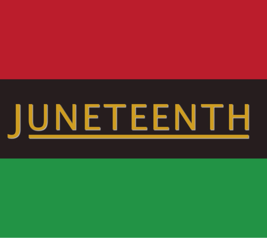 Juneteenth in yellow text with stripes of red, black and green in the background.