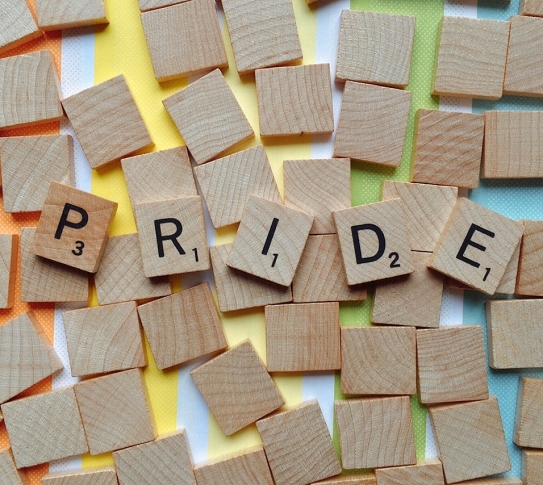 Scrabble letters spelling out the word "pride".