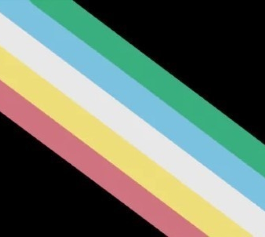 Disability Pride Flag: a black background with five stripes diagonally. From left to right: a red stripe, a yellow stripe, a white stripe, a blue stripe, and a green stripe.