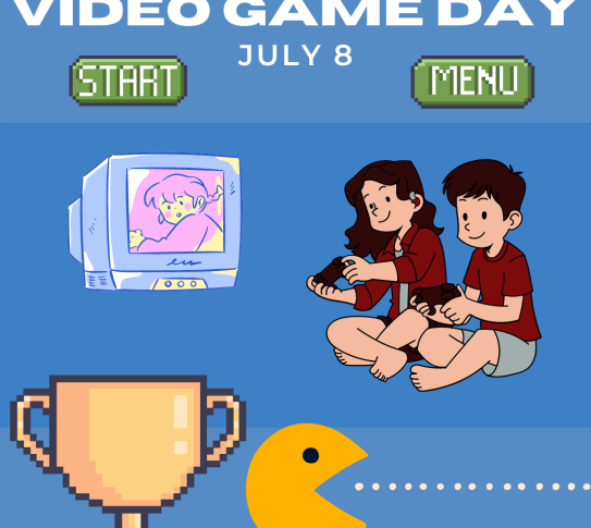 Video Game Day, July 8. Two children play video games on a TV.