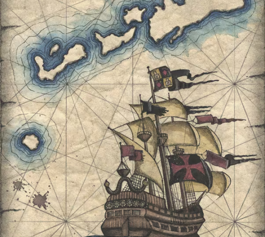 A traditional illustration of a pirate ship sailing on a parchment map.
