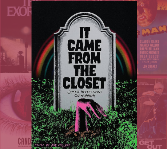 An image of the cover for It Came From the Closet. It rests on a pink transparent background with horror movie posters beneath.