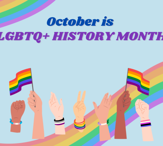 October is LGBTQ+ History Month. A graphic of hands wearing pride bracelets and waving pride flags.