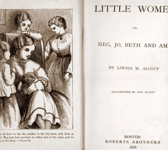 Title Page of an old edition of Little Women, with an illustrated page of the four March girls and their mother on the left