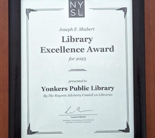 "Joseph F. Shubert Library Excellence Award" plaque