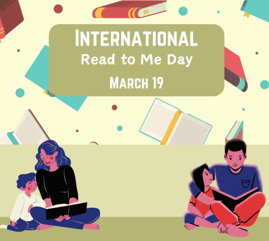 International Read to Me Day is on March 19. Illustrations of parents reading to their children.