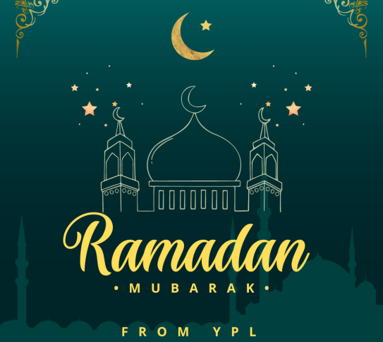 A green background with an outline of a building and text that says Ramadan Mubarak from YPL.