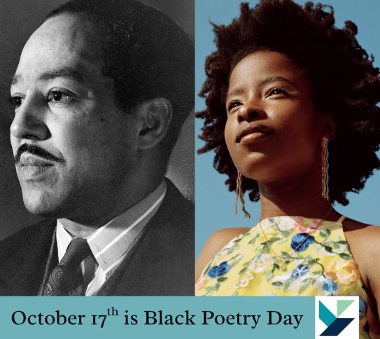 A photo of Langston Hughes and a photo of Amanda Gorman. On the bottom of the two photos is a blue bar with the capttion "October 17 is Black Poetry Day" and the YPL logo.