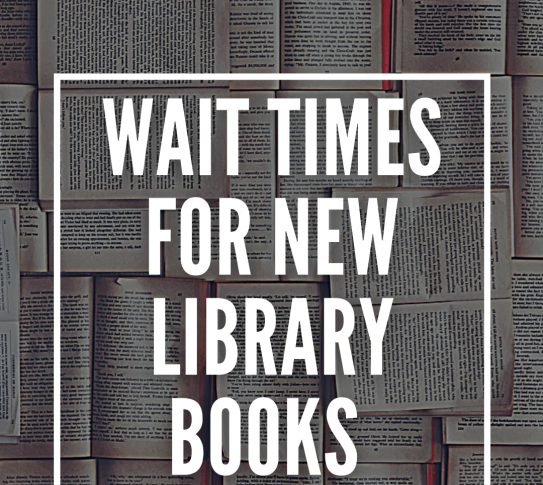 white text: "Wait times for new library books" with book pages in background