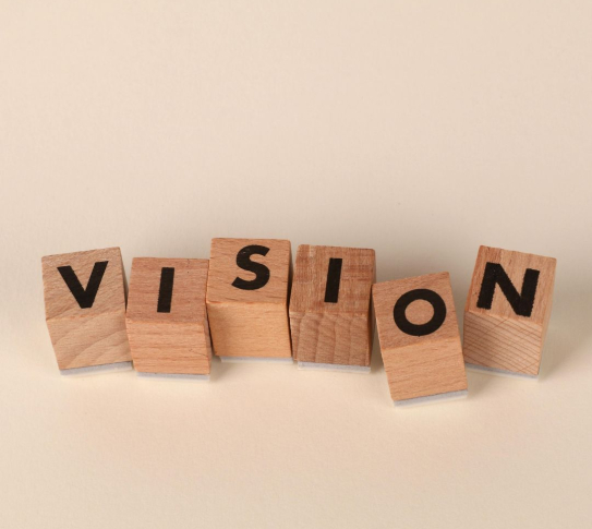 Wooden blocks with letters spelling out the word "vision".